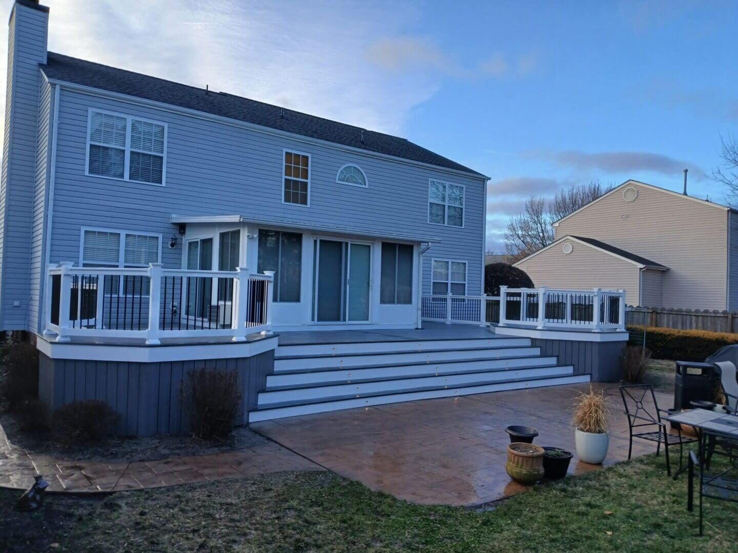 Elevated deck at dusk built by B&B Decks in Hampton Roads, VA